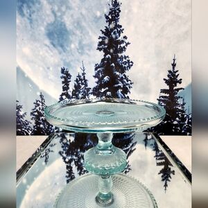 JEANNETTE Glass Company MCM Harp Pattern Pedestal Ice Blue Glass Cake Stand 10"